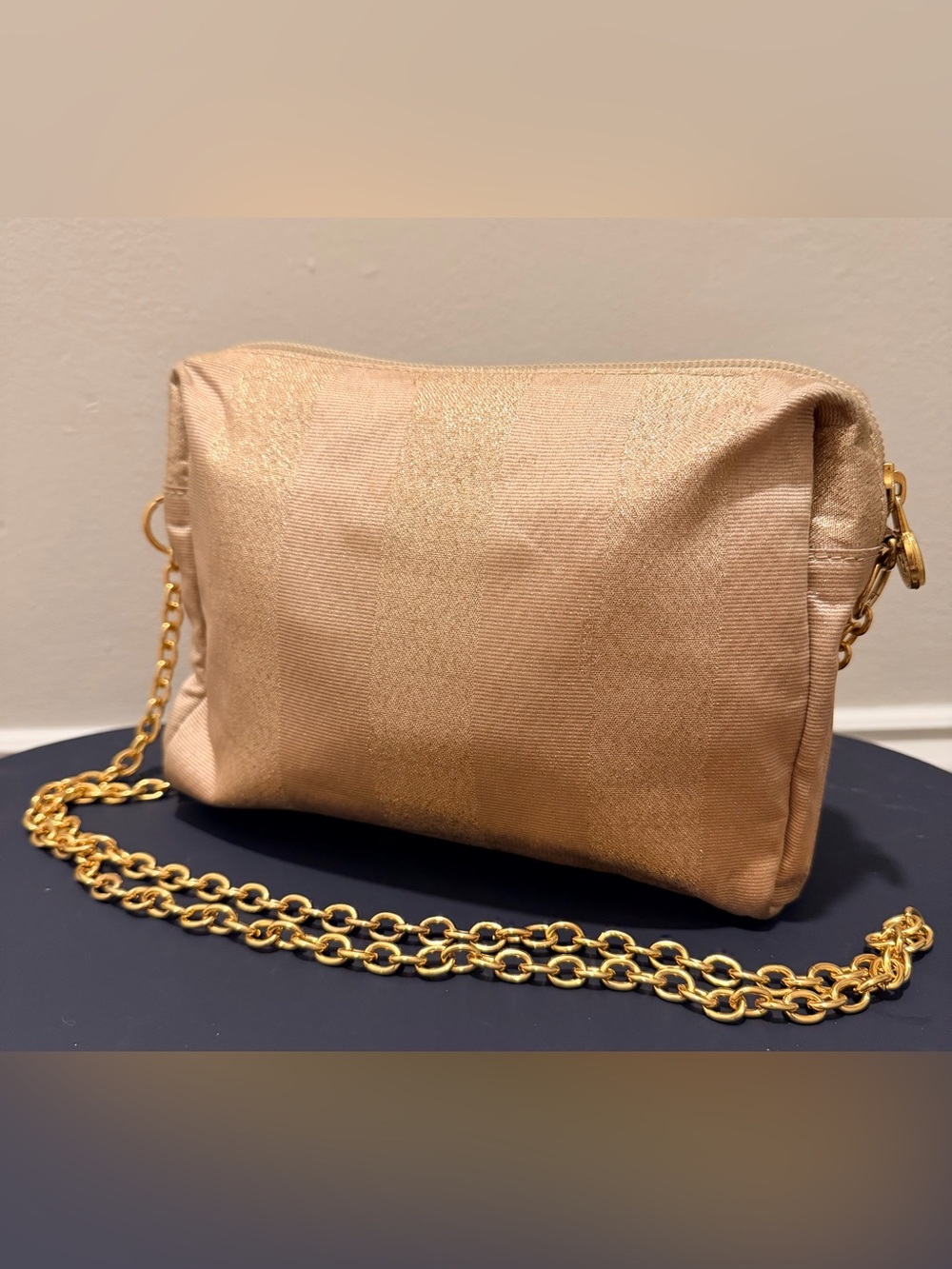 Vintage Fendi Pequin Metallic Pink Gold Chain Crossbody Bag